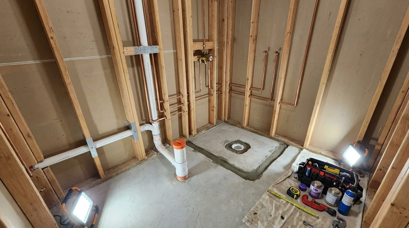 Bathroom rough-in plumbing during remodel by Johns Plumbing LLC in Springtown