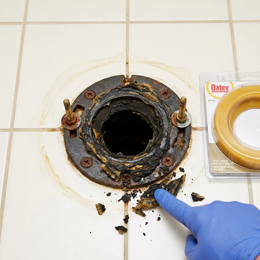 Failed wax ring showing water seepage at the base of a toilet in a Springtown, TX home